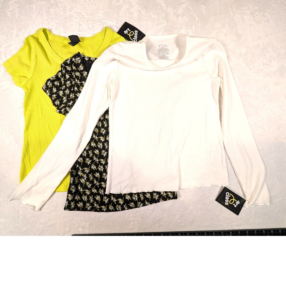 Art Class Girls Ribbed Knit Shirt Bundle 3PK Neon Floral White Tan Size L 10/12
